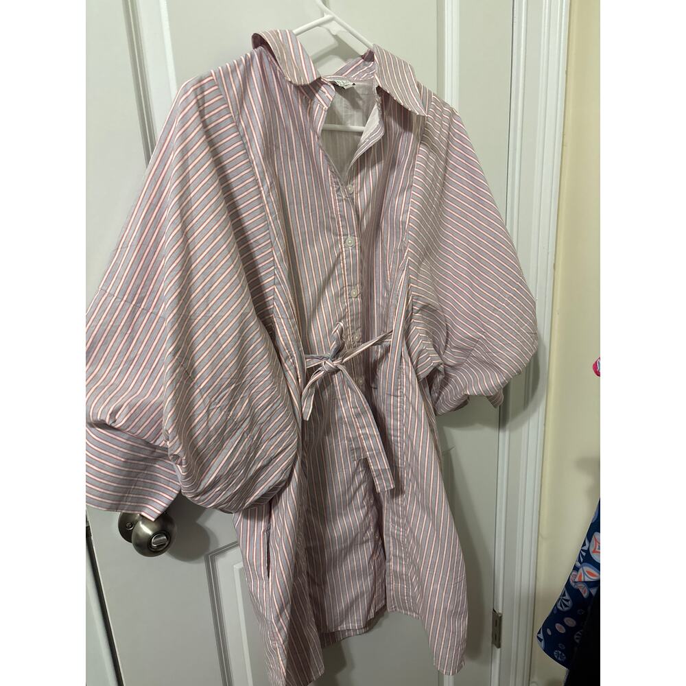 Saule Parc Sz m EUC striped shirt mini dress blue white pink balloon sleeves